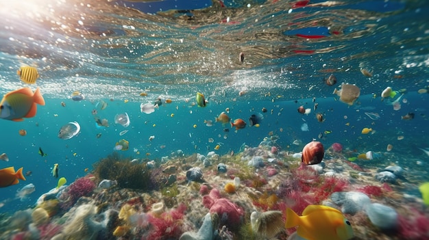 Загрязнение пластиковыми бутылками воды в океане. Концепция окружающей среды