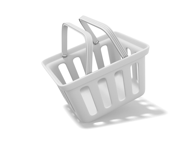 Plastic white flying basket on white background Empty shopping cart 3D rendering