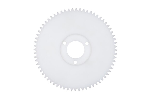 Photo plastic white gear with 68 sprockets isolated on a white background with a clipping path