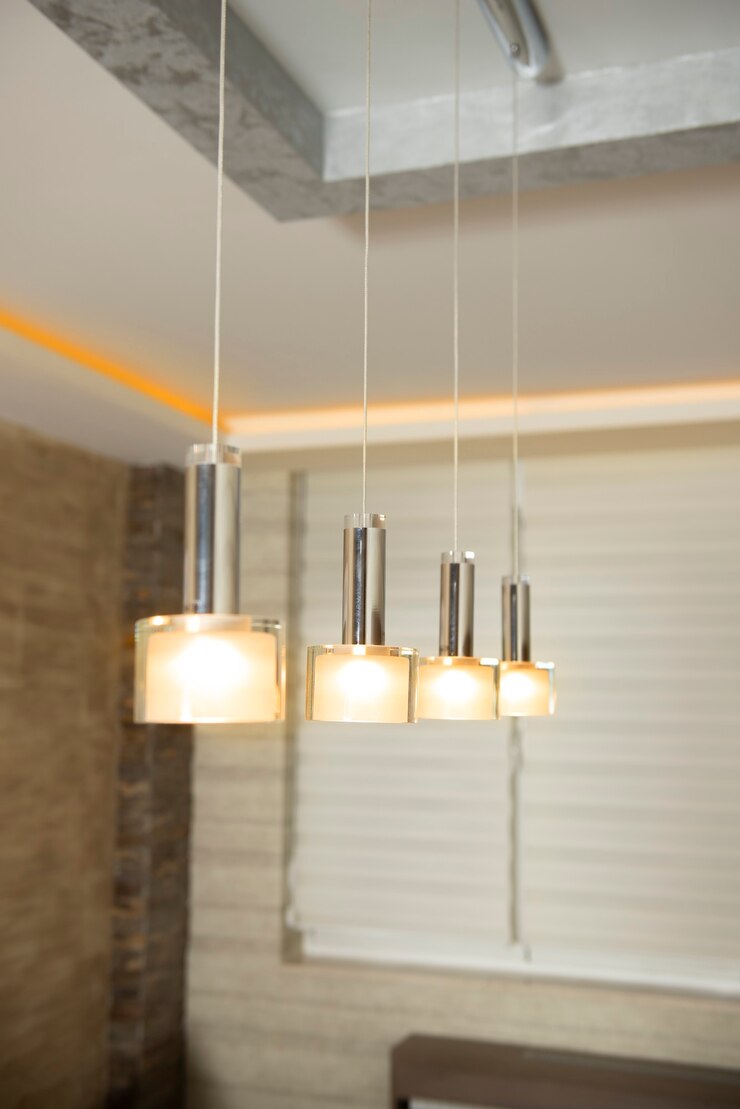 Plastic white modern chandelier in a renovated home