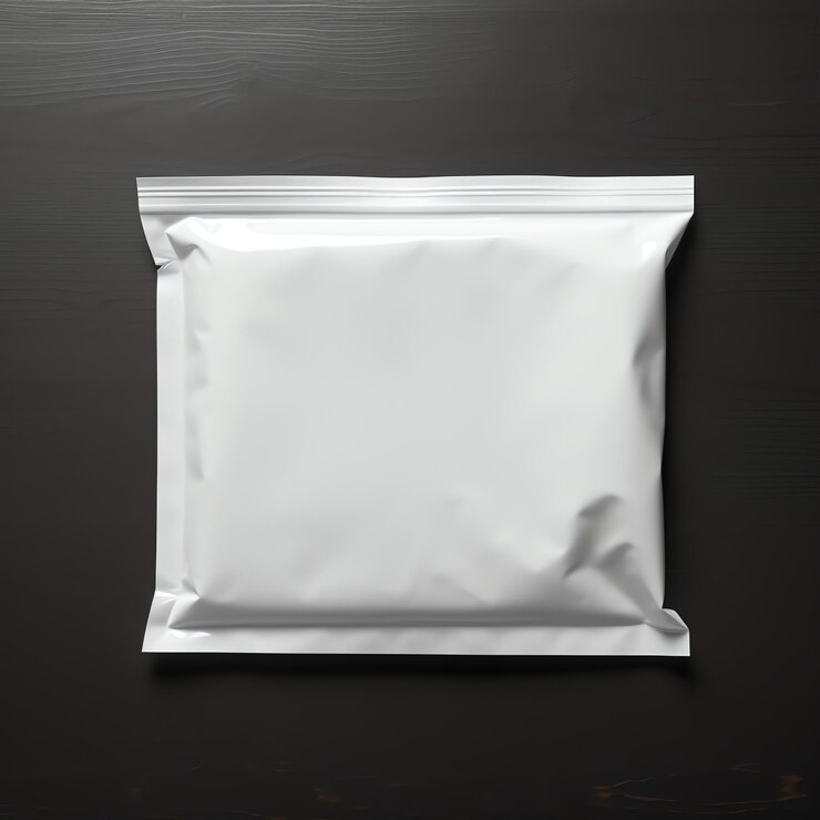 Plastic white Pouch Packaging MockUp view from above dark background