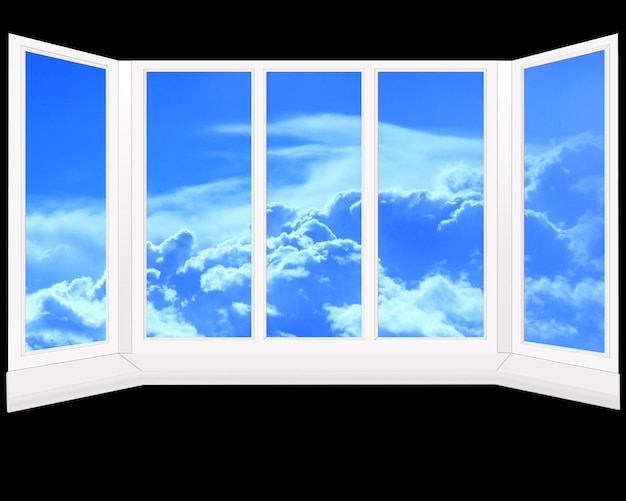 plastic window overlooking the blue beautiful heaven isolated