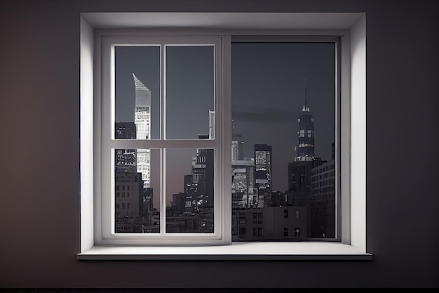 Plastic window with view of busy city skyline is part of modern and minimalist interior