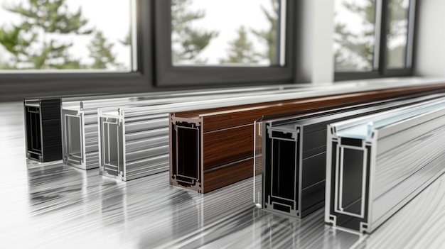 Пластиковые окна профиля ПВХ разных цветов в секции на столе в офисе 3D иллюстрация