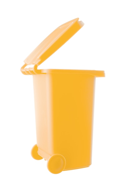 Plastic yellow trash can isolated on white background