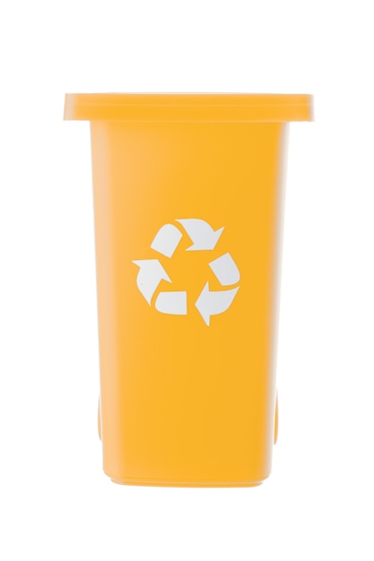 Plastic yellow trash can isolated on white background