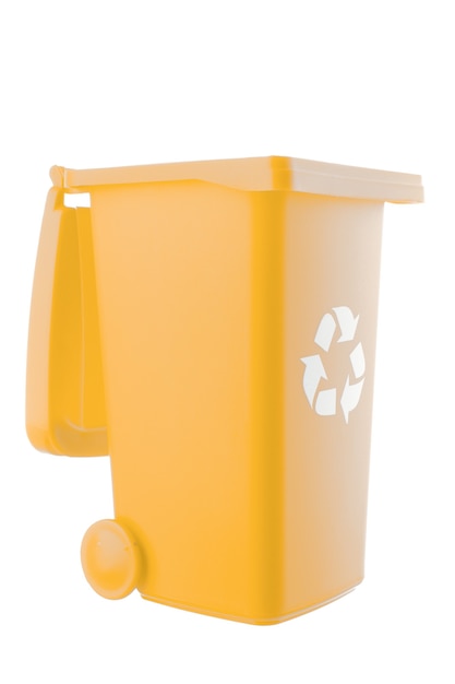 Plastic yellow trash can isolated on white background