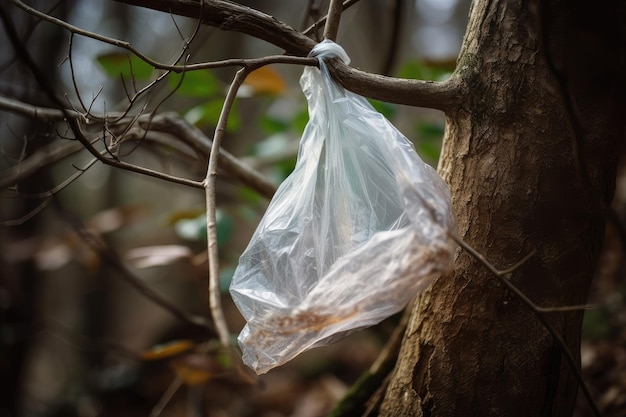 Plastic zak gevangen in boomtak omgeven door natuurlijke schoonheid gemaakt met generatieve AI