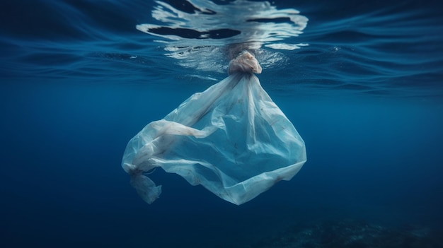 plastic zak in de diepblauwe zee