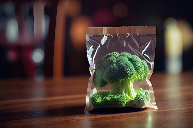 Plastic zak met broccoli op tafelblad in keuken Generatieve AI illustratie