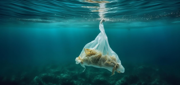 Plastic zakken drijvend in de zee het probleem van vervuiling en vuile oceanen Generatieve AI