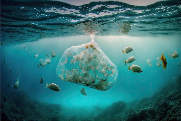 Plastic zakken in de zee vuile oceaan Gemaakt door AI Kunstmatige intelligentie