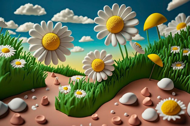 Photo plasticine art chamomile generative ai