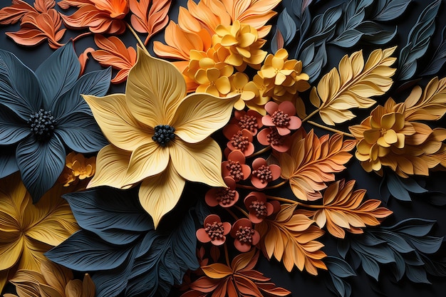 Plasticine autumn flowers and leaves Floral background Generative AI