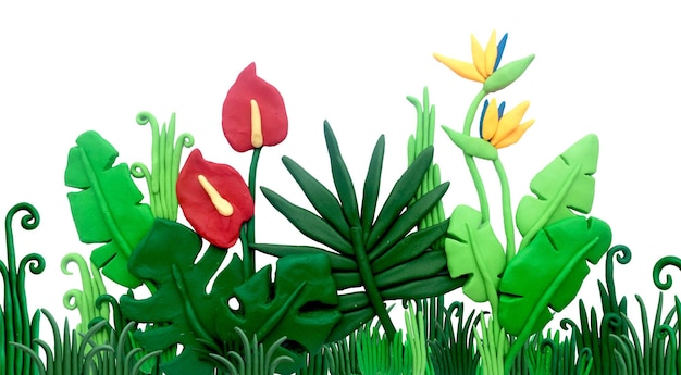 Plasticine illustration tropical leaves and flowers composition seamless border 3d image