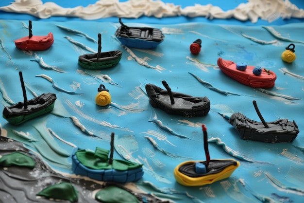 Foto plasticine-kunst met een zeegebied met boten