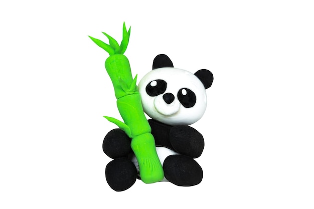 Plasticine panda with bamboo Isolated on white blank for a collage