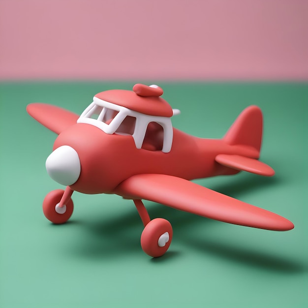 Plasticine toy airplane on a green background 3d rendering