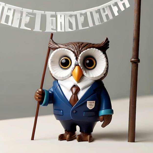 a plasticlike cute and realistic owl wearing suit raising a white flag genarated by AI
