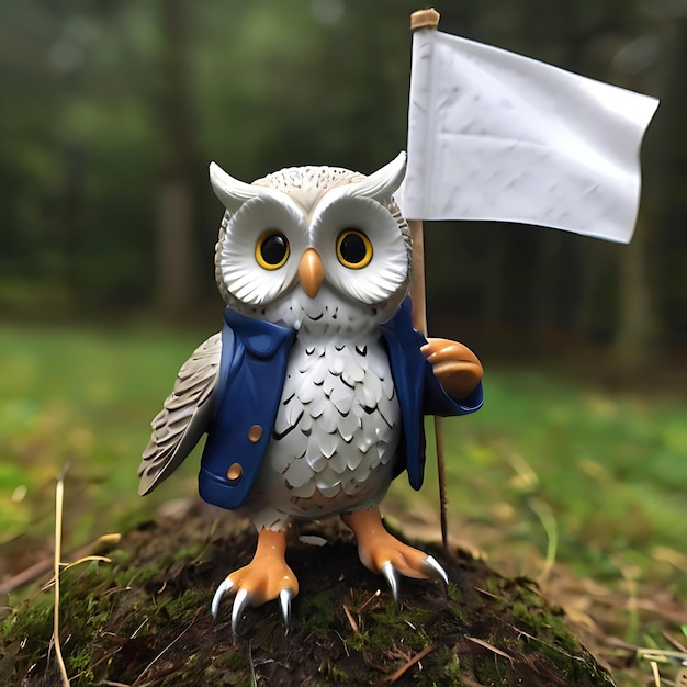 Пластиковая милая и реалистичная сова в костюме поднимает белый флаг, созданный ИИ