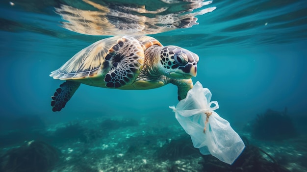 Plasticvervuiling in de oceaan Schildpad eet plastic zak Milieuprobleem