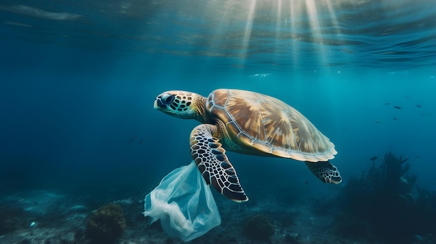 Plasticvervuiling in de oceaan Schildpad eet plastic zakken