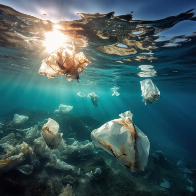 Foto plasticzakken vervuilen de oceanen en brengen het zeeleven in gevaar