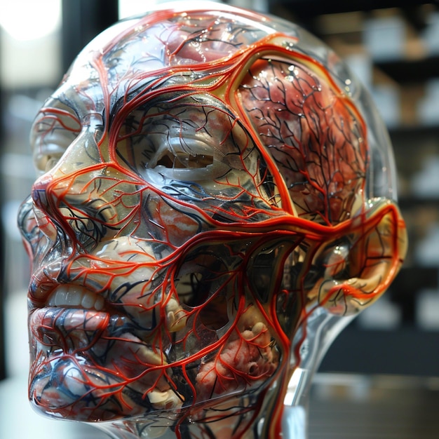 Photo plastinated face but the veins are iridescent generated ai photo