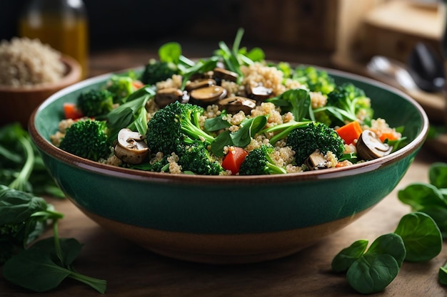 plat dieetmenu gezonde veganistische salade van groenten broccoli champignons spinazie en quinoa in een kom