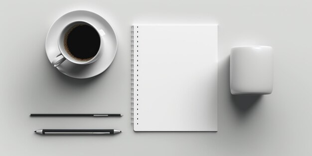 Plat gelegd van de eerste koffie die een werknemer op zijn bureau drinkt voordat hij begint te schrijven op papier dat door Ai is gegenereerd