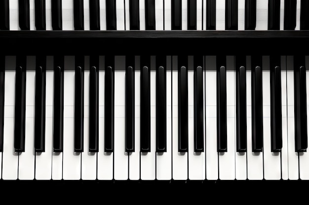 Foto plat lag beeld van pianotoetsen in zwart-wit