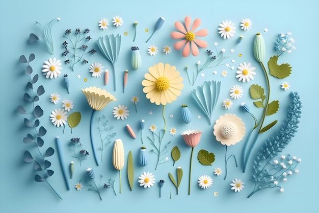 Plat lag creatief illustratieconcept van vers veld Lentebloemen op pastelblauwe achtergrond generatieve ai