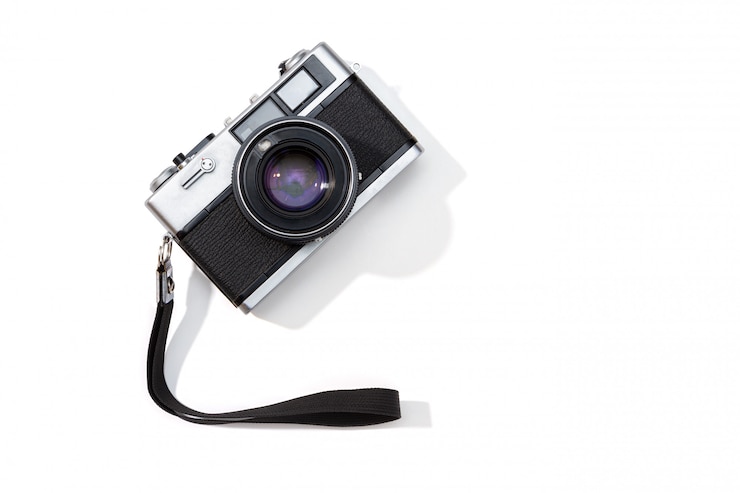 Foto plat lag filmcamera geïsoleerd. kopie ruimte