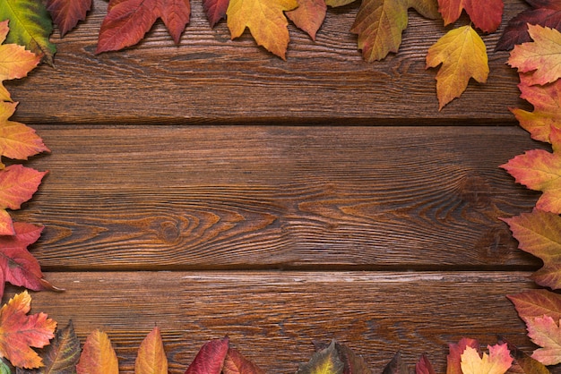 Plat lag met herfstbladeren grenskader op rustieke donkere houten achtergrond.