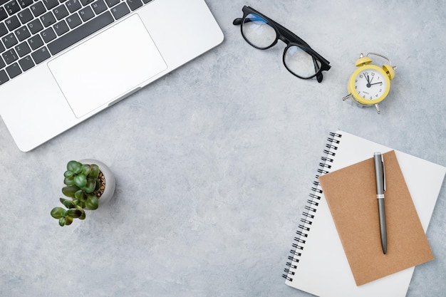 Plat lag notebook pen lenzenvloeistof gele wekker Kladblok en vetplant op een blauwe achtergrond Zakelijke vrouwen concept bovenaanzicht en kopieer ruimte