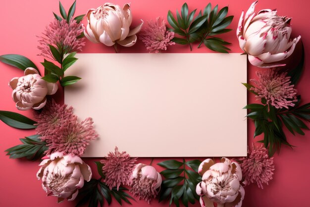 Plat leg een blank vel papier voor tekst in een frame van roze protea het concept van moedersdag bruiloft verjaardag