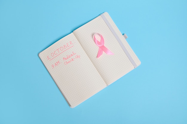 Plat leggen van een roze lint, op geopend notitieblok met inscripties die herinneren aan een medische check-up. 1 oktober, wereldborstkankerdag, vrouwengezondheidszorg en medisch concept, geïsoleerd met kopieerruimte