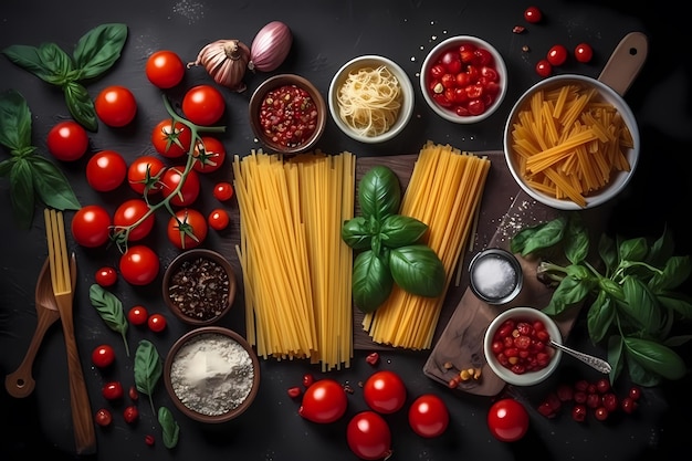 Foto plat leggen van ingrediënten voor een populaire pastaschotel pasta tomatensaus verse basilicum knoflook italiaanse pasta spaghetti alla puttanesca of penne arrabbiata generative ai