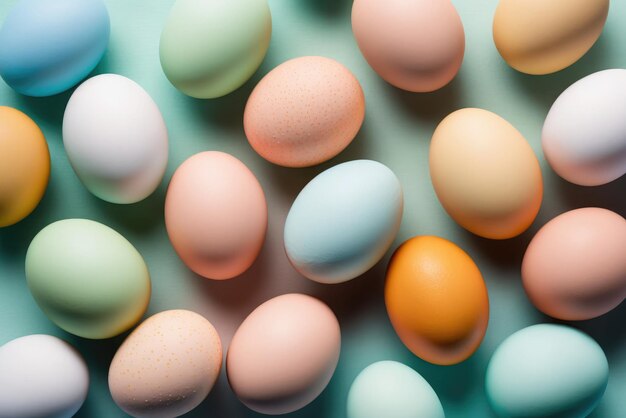 Plat leggen van kleurrijke kippeneieren textuur achtergrond Pasen concept Neuraal netwerk AI gegenereerde kunst