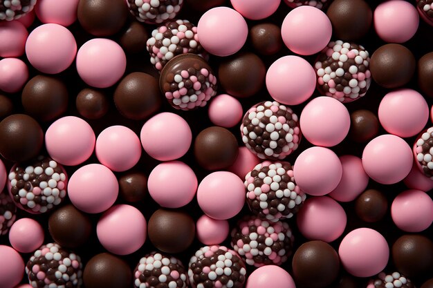 Plat leggen van roze en chocolade snoepjes