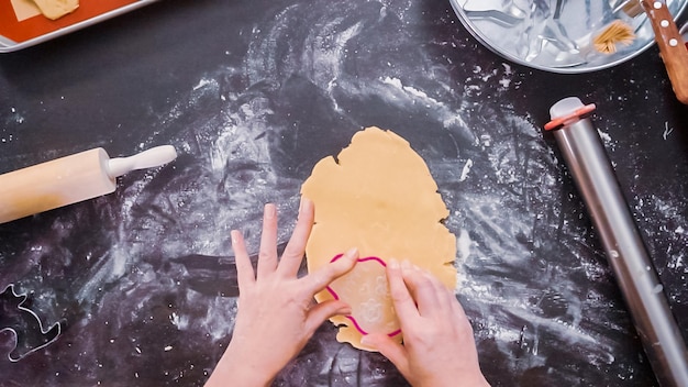 Plat leggen. Vrouw die suikerschedelkoekjes bakt voor Dia de los Muertos-vakantie.