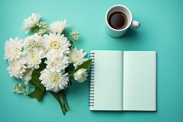 Plat liggen met bloemen met koffiekop en open notitieboek rustieke achtergrond