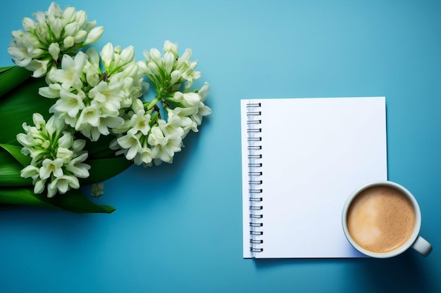 Plat liggen met hyacinth bloesem met koffiekop en open notitieboek rustieke achtergrond.