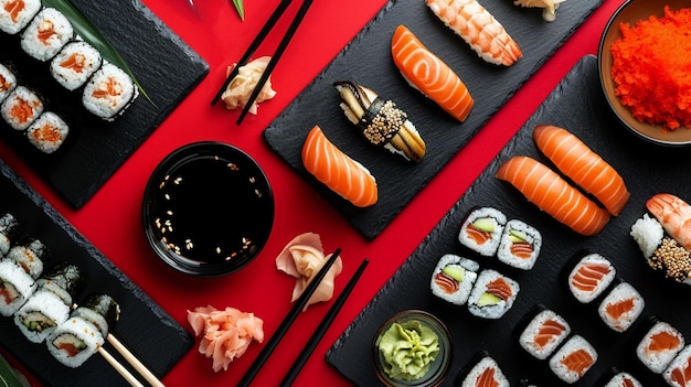 plat liggen met sojasaus in een schaal eetstokjes en sushi sets Generative Ai