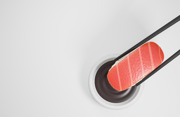 Foto plat liggende eetstokjes met sushi en sojasaus op witte achtergrond traditioneel japans food3d-model en illustratie