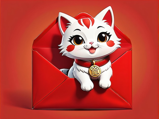 plat logo van chibi kat geïsoleerd op een rode gelukkige envelop achtergrond