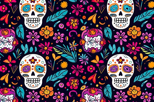 plat ontwerp van dia de muertos patroon dag van de dode Mexicaanse schedels generatieve ai