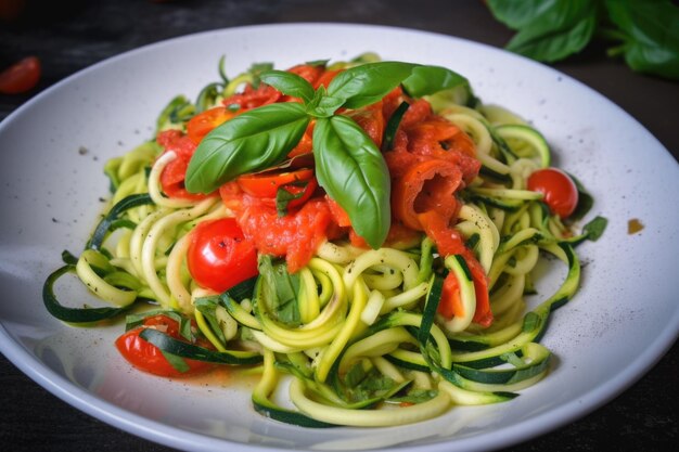 Plat van courgette pasta met rode peper en basilicum gemaakt met generatieve ai