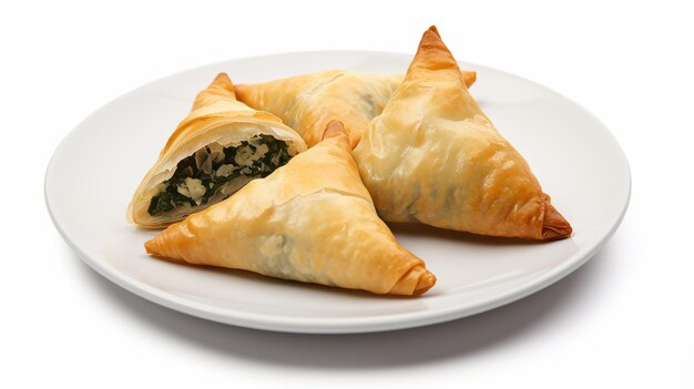 Plat van hartige spanakopita driehoeken met spinazie en feta vulling