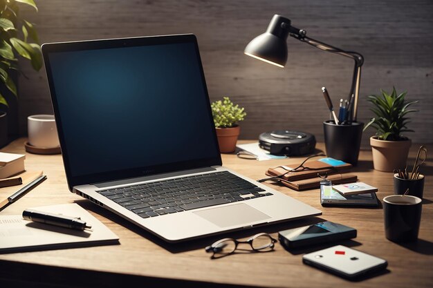 Plat werkstation met kopieerruimte en laptop